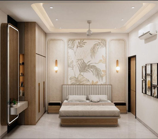 12 X 12 Bedroom Complete interior Including 1 king size bed, Wardrobe with Dressing Unit, Bed Back wall panelling, False ceiling & Floor Tiles by kleve World
