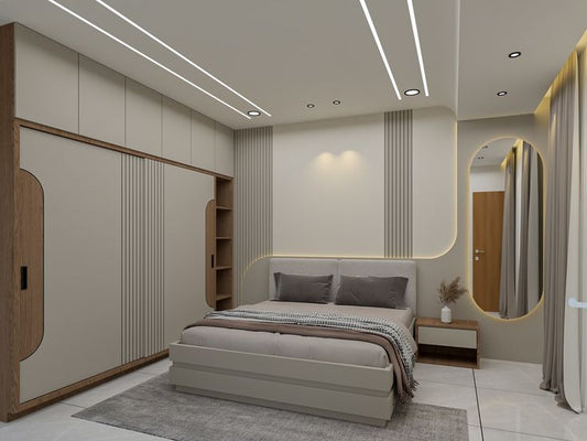 12 X 14 Bedroom Complete interior Including 1 king size bed, Wardrobe with Dressing Unit, Bed Back wall panelling, False ceiling & Floor Tiles by kleve World