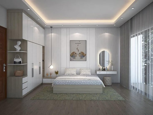14 X 16 Bedroom Complete interior Including 1 king size bed, Wardrobe with Dressing Unit, Bed Back wall panelling, False ceiling & Floor Tiles by kleve World