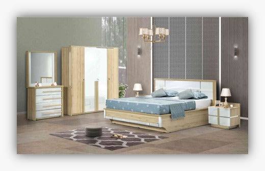Premium 4βpiece bedroom set featuring a stylish bed ( 5' x 6' ) with 2 Side tables, 1 wardrobe ( 4' x 7' ) ,1 Dressing table with mirror ( 2.5' x 7' ). Crafted from highβquality wood by kleve World