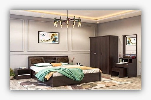 Premium 4βpiece bedroom set featuring a stylish bed ( 5' x 6' ) with 2 Side tables, 1 wardrobe ( 4' x 7' ) ,1 Dressing table with mirror ( 2.5' x 7' ). Crafted from highβquality wood by kleve World