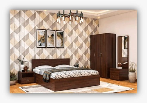Premium 4βpiece bedroom set featuring a stylish bed ( 5' x 6' ) with 2 Side tables, 1 wardrobe ( 4' x 7' ) ,1 Dressing table with mirror ( 2.5' x 7' ). Crafted from highβquality wood by kleve World