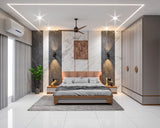 15 X 12 Bedroom Complete interior Including 1 king size bed, Wardrobe with Dressing Unit, Bed Back wall panelling, False ceiling & Floor Tiles by kleve World