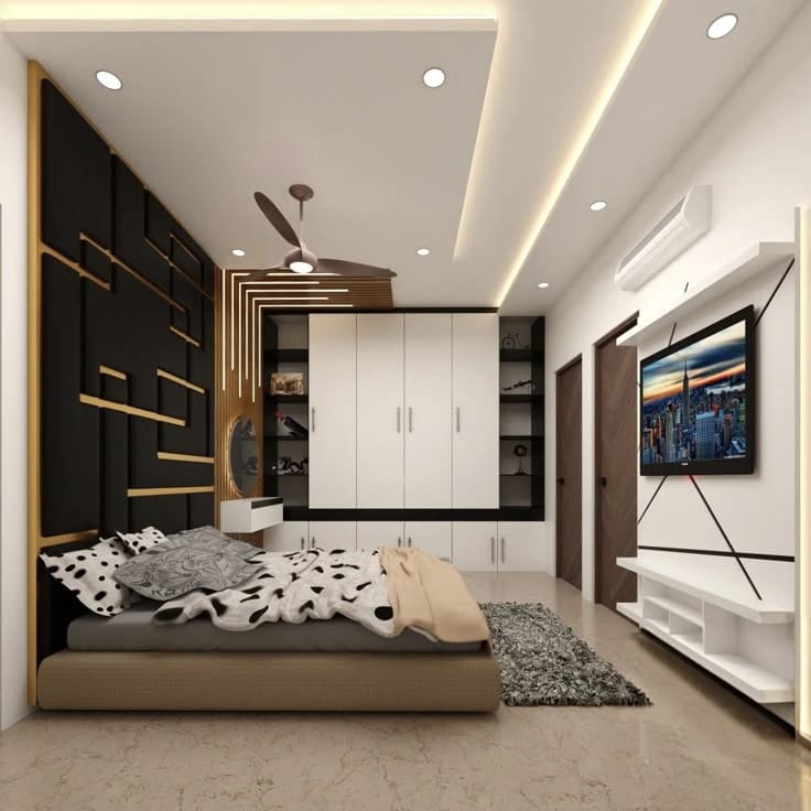 14 X 12 Bedroom Complete interior Including 1 king size bed, Wardrobe with Dressing Unit, Bed Back wall panelling, TV unit, False ceiling & Floor Tiles by kleve World