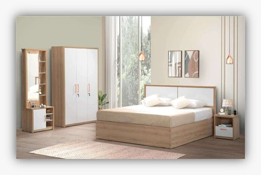 Premium 4‑piece bedroom set featuring a stylish bed ( 5' x 6' ) with 2 Side tables, 1 wardrobe ( 4' x 7' ) ,1 Dressing table with mirror ( 2.5' x 7' ). Crafted from high‑quality wood  by kleve World