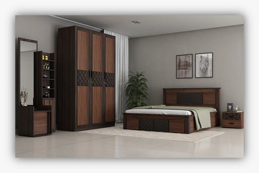 Premium 4‑piece bedroom set featuring a stylish bed ( 5' x 6' ) with 2 Side tables, 1 wardrobe ( 4' x 7' ) ,1 Dressing table with mirror ( 2.5' x 7' ). Crafted from high‑quality wood  by kleve World