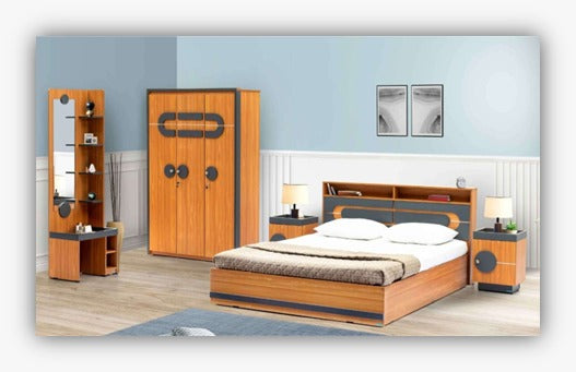Premium 4‑piece bedroom set featuring a stylish bed ( 5' x 6' ) with 2 Side tables, 1 wardrobe ( 4' x 7' ) ,1 Dressing table with mirror ( 2.5' x 7' ). Crafted from high‑quality wood  by kleve World