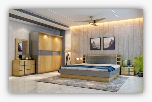Premium 4‑piece bedroom set featuring a stylish bed ( 5' x 6' ) with 2 Side tables, 1 wardrobe ( 4' x 7' ) ,1 Dressing table with mirror ( 2.5' x 7' ). Crafted from high‑quality wood  by kleve World