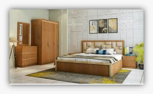 Premium 4‑piece bedroom set featuring a stylish bed ( 5' x 6' ) with 2 Side tables, 1 wardrobe ( 4' x 7' ) ,1 Dressing table with mirror ( 2.5' x 7' ). Crafted from high‑quality wood  by kleve World