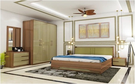 Premium 4‑piece bedroom set featuring a stylish bed ( 5' x 6' ) with 2 Side tables, 1 wardrobe ( 4' x 7' ) ,1 Dressing table with mirror ( 2.5' x 7' ). Crafted from high‑quality wood  by kleve World